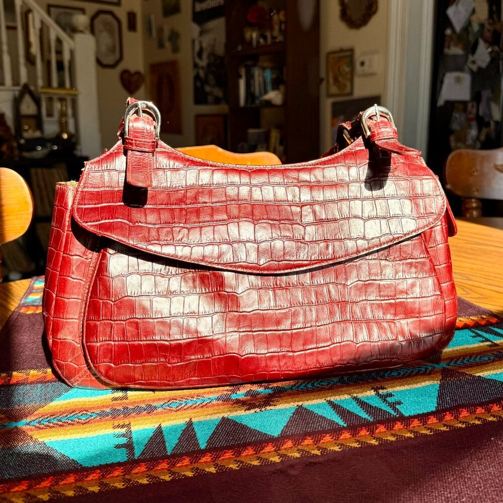 Maxx New York Red Crocodile Embossed Leather Shoulder Bag